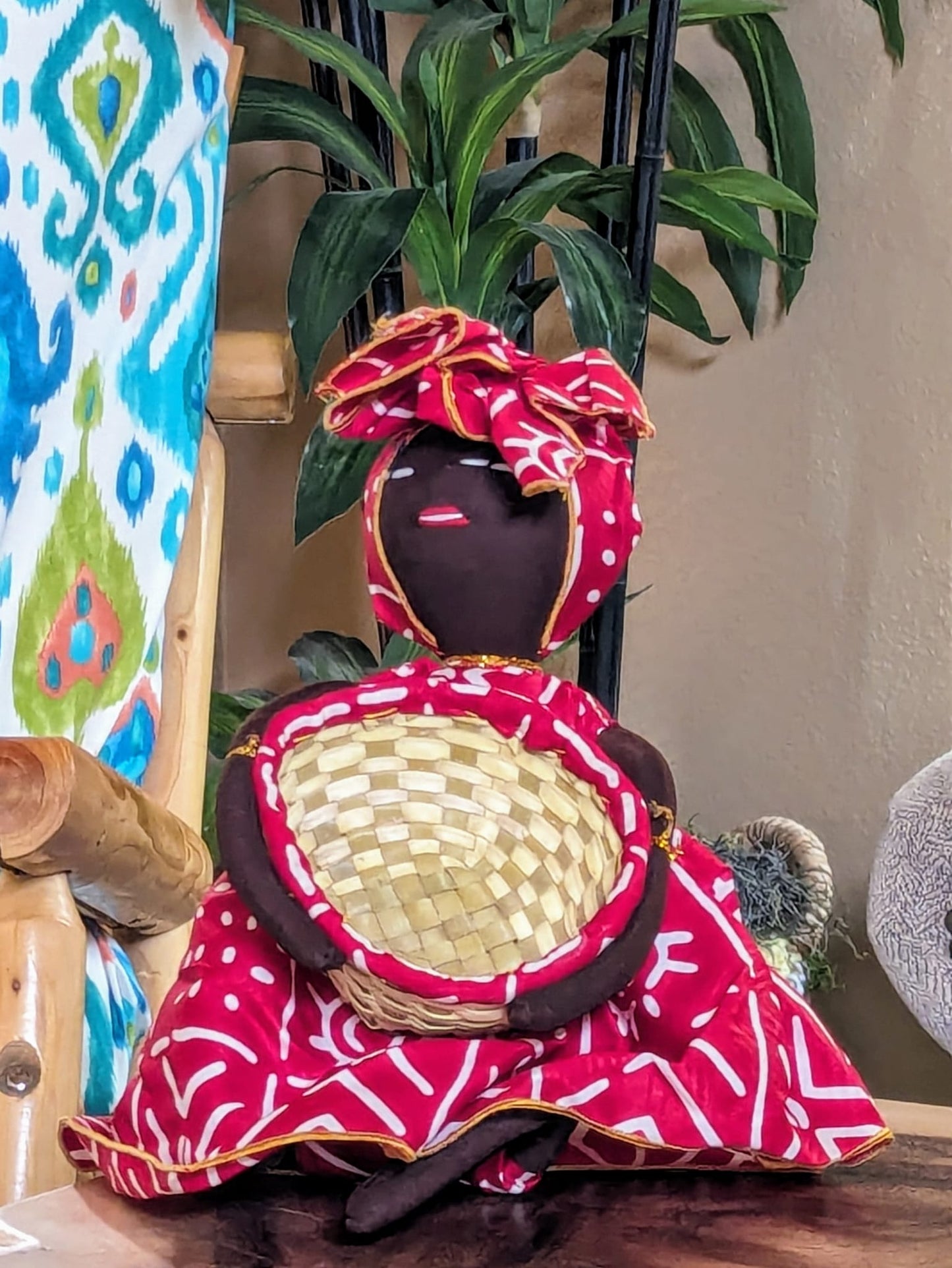 HANDMADE HAPPY ETHNIC DOLL W/ BASKET Red & White