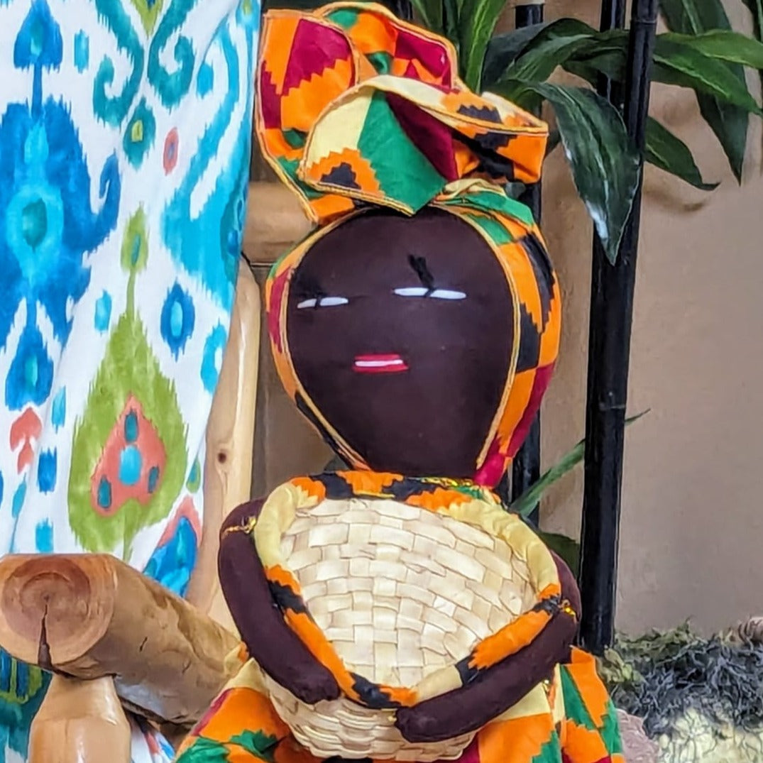 HANDMADE HAPPY ETHNIC DOLL W/ BASKET Orange Geo