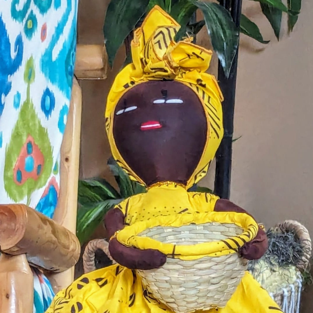 Yellow & Black HANDMADE HAPPY ETHNIC DOLL W/ BASKET