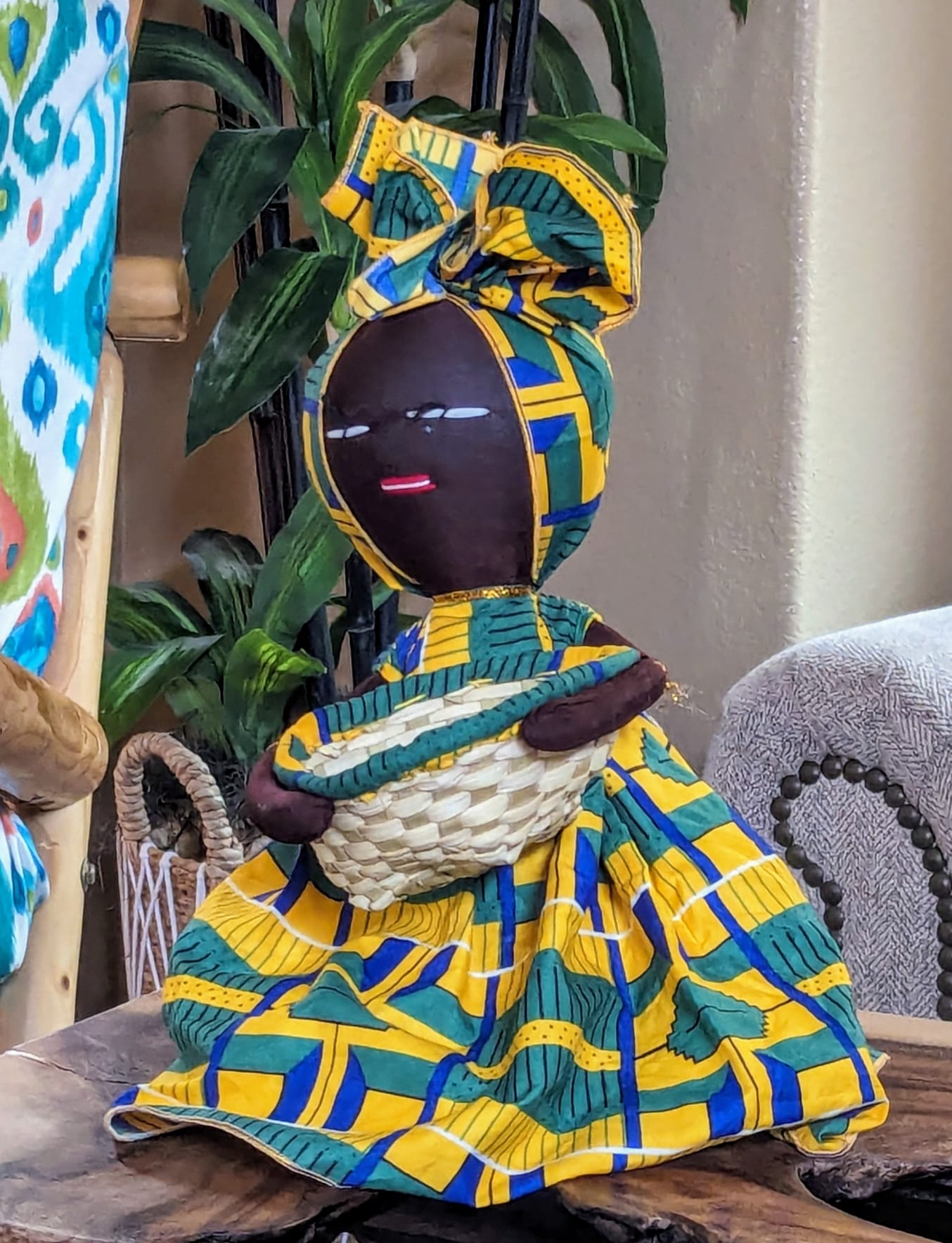 Gold & Green HANDMADE HAPPY ETHNIC DOLL W/ BASKET