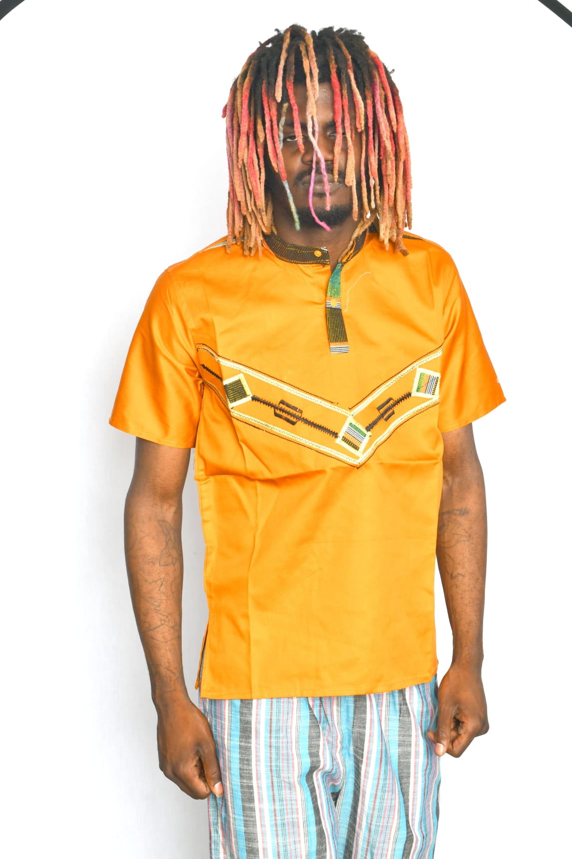 Akwaba Men's Shirts Short Sleeve Yellow with Aztec Green Design