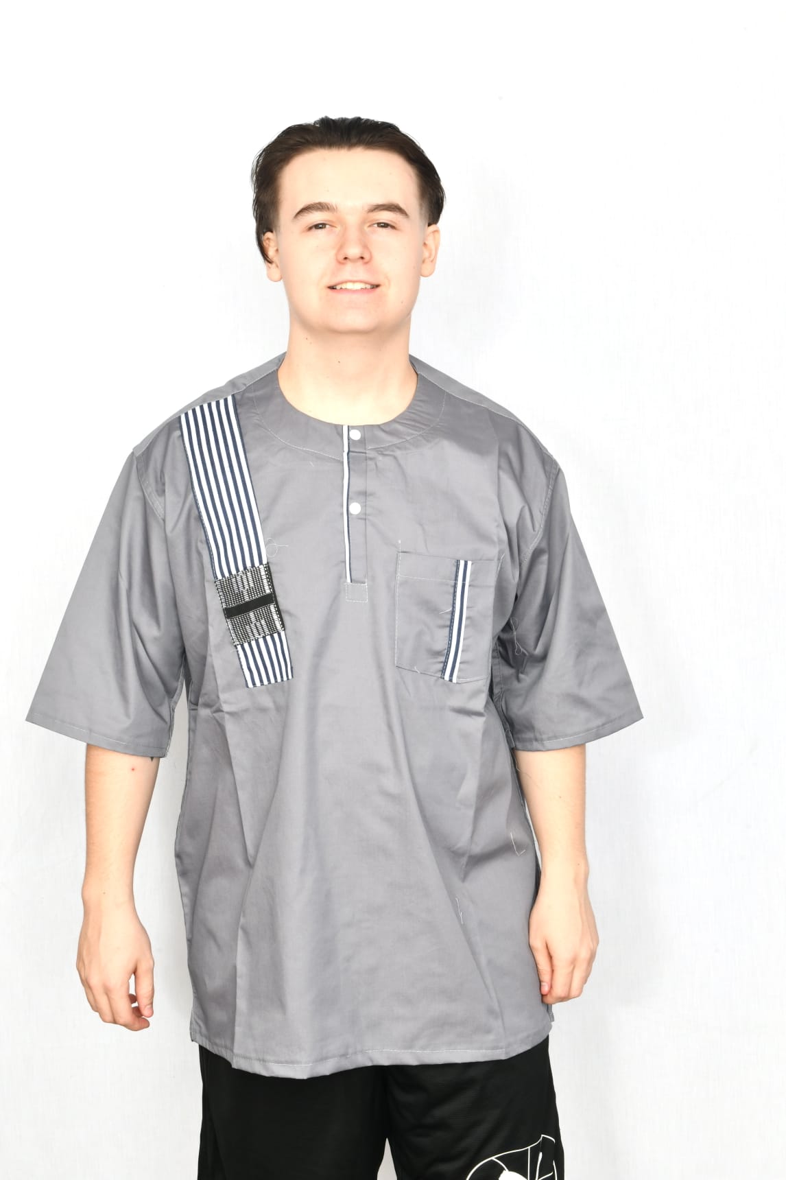 Akwaba Men's Shirts Short Sleeve Gray with black & white stripe design