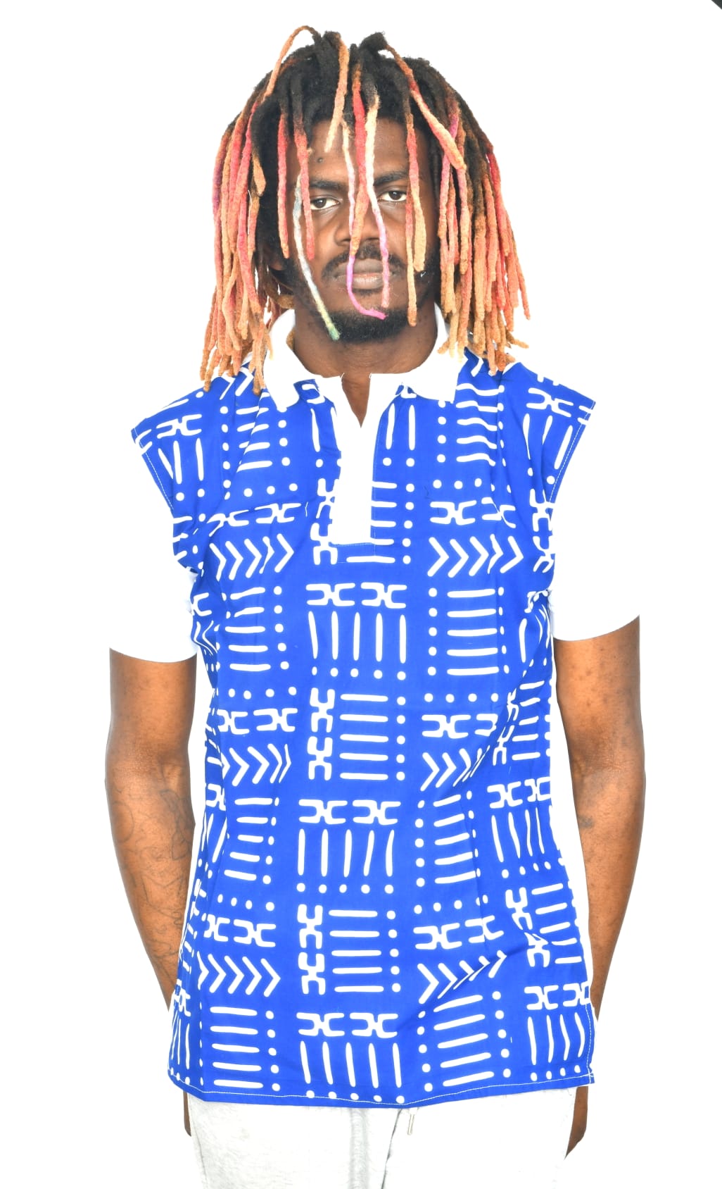 Akwaba Men's Shirts Short Sleeve White with Royal blue Design