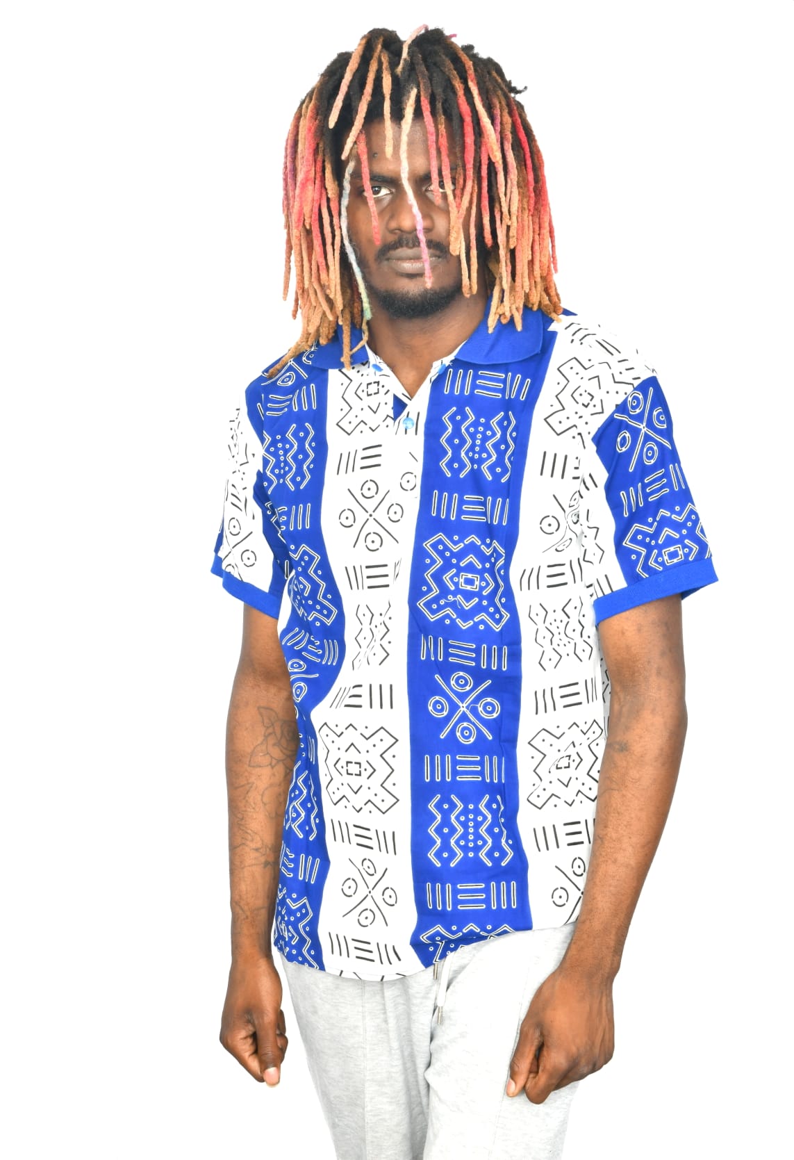 Akwaba Men's Shirts Short Sleeve White Royal Blue & White Design