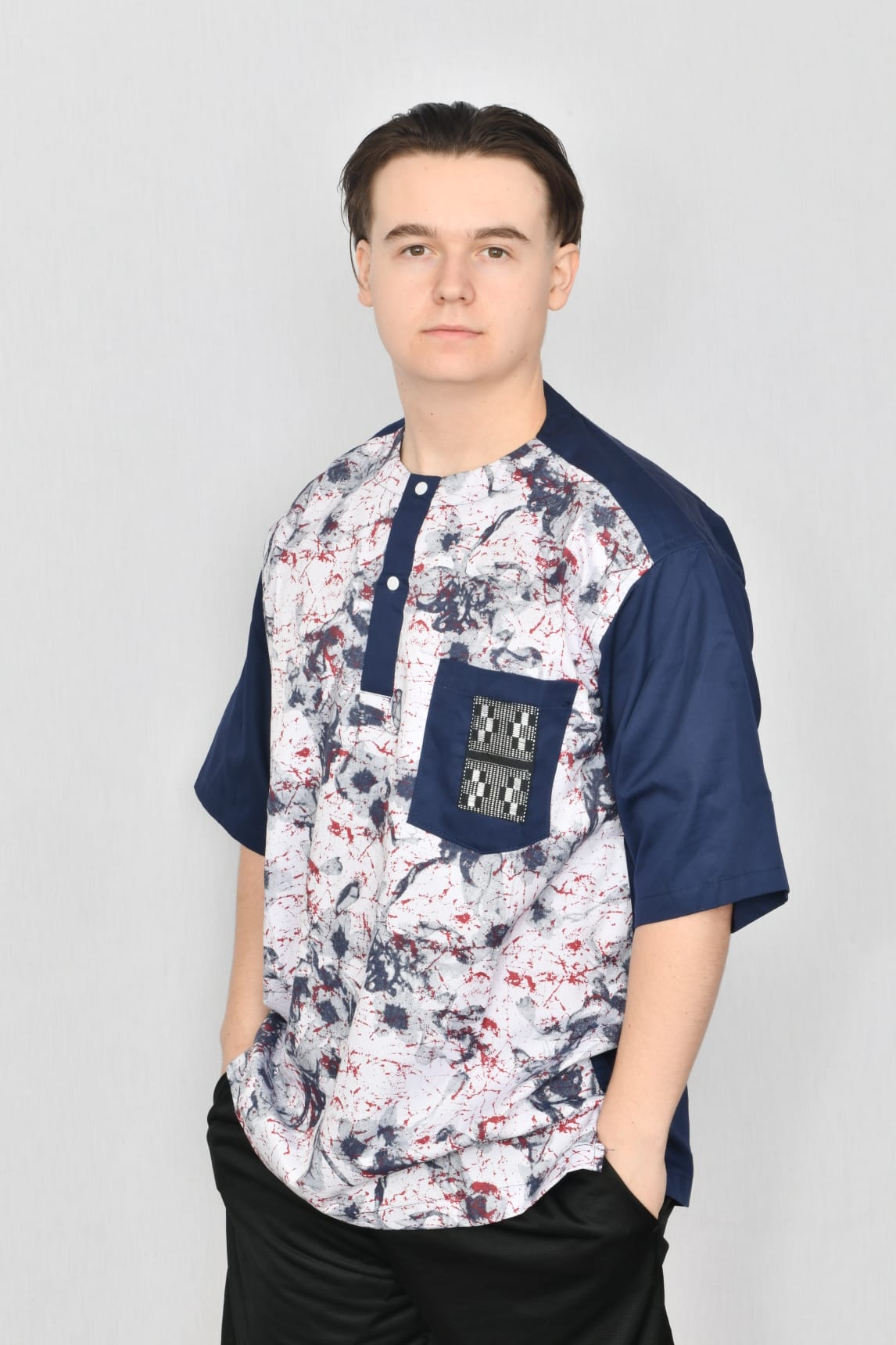 Akwaba Men's Shirts Short Sleeve Navy with Red and Blue Splatter on White