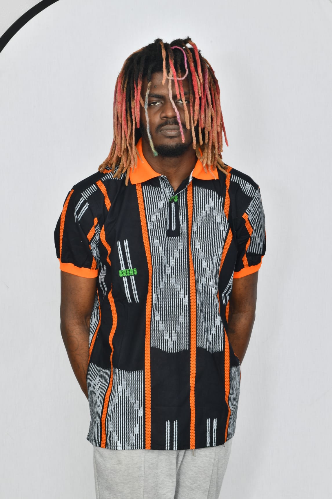 Akwaba Men's Shirts Short Sleeve Black Orange White w/ Collar