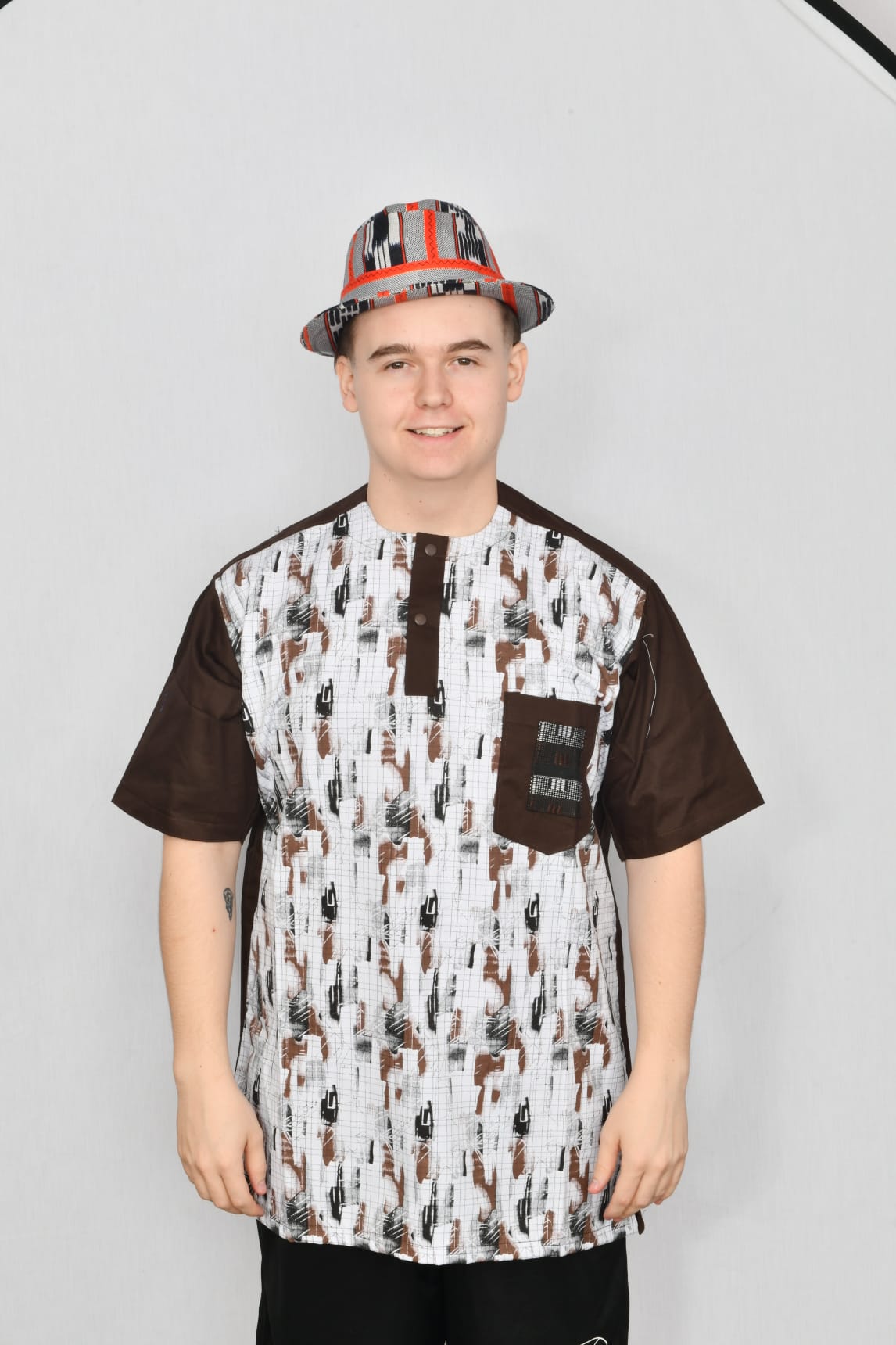 Akwaba Men's Shirts Short Sleeve Brown w/ Brown & Black Splatter on White background