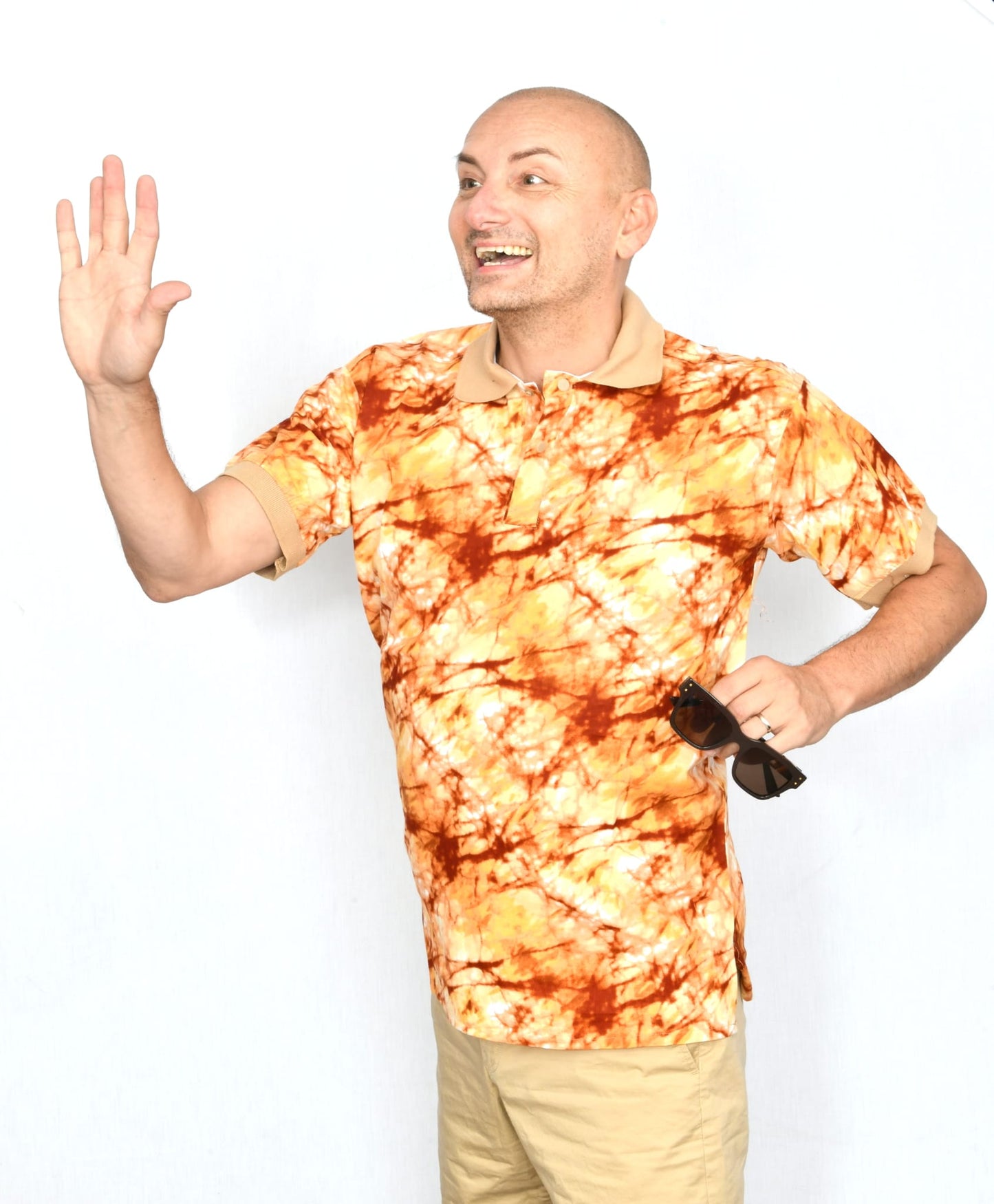 Akwaba Men's Shirts Short Sleeve Rust Orange Yellow w/ Tan collar