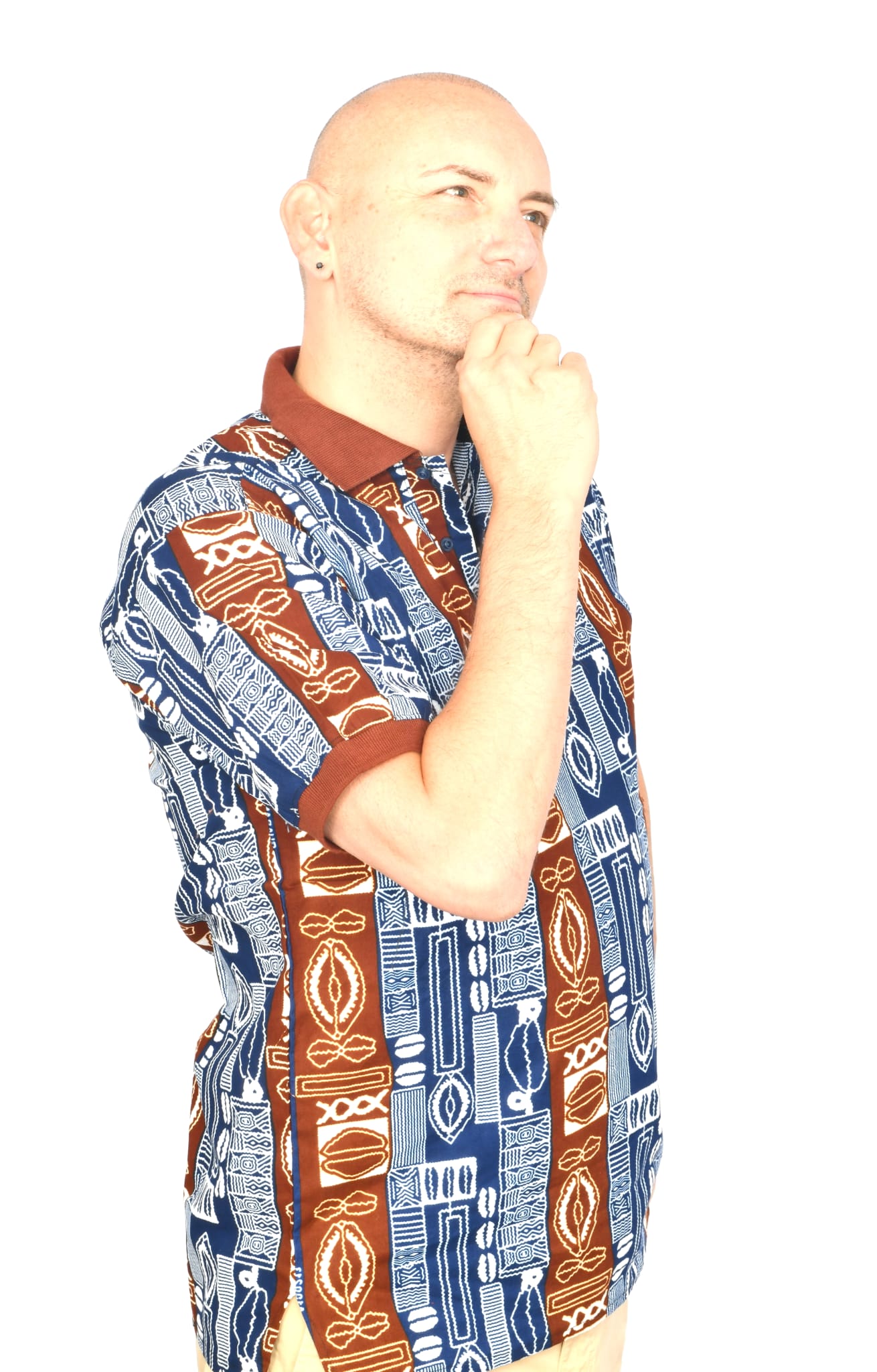 Akwaba Men's Shirts Short Sleeve Blue w/ Brown Stripe Aztec Design