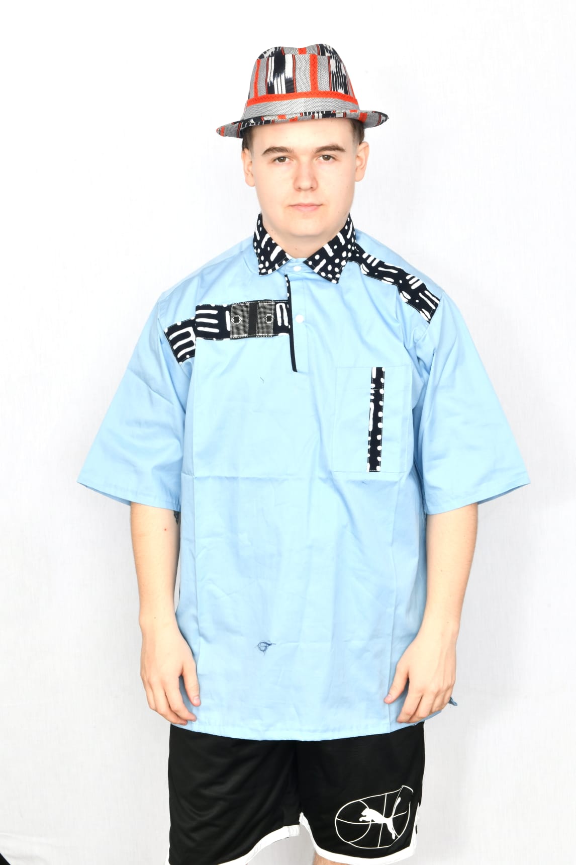 Akwaba Men's Shirts Short Sleeve Light Blue with Black White Pattern Collar