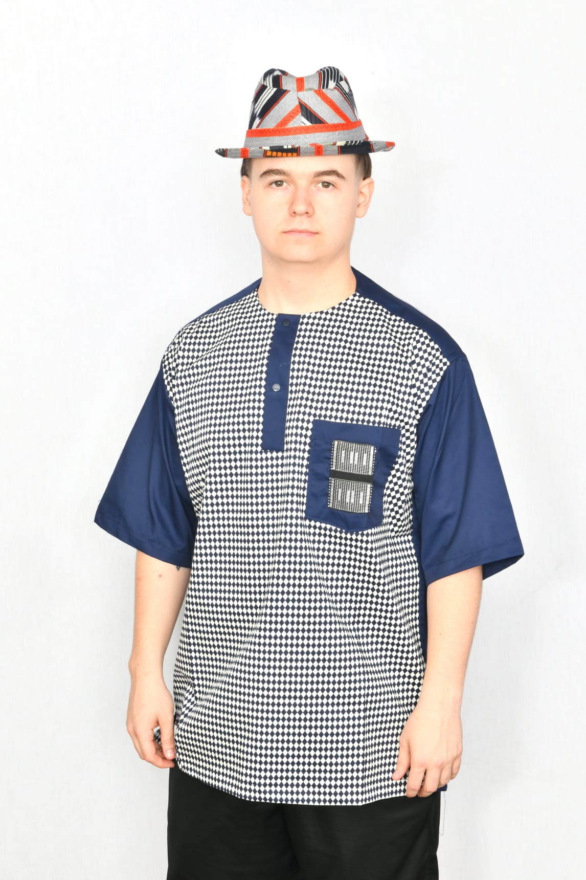 Akwaba Men's Shirts Short Sleeve Navy w/ Black & White Diamond design