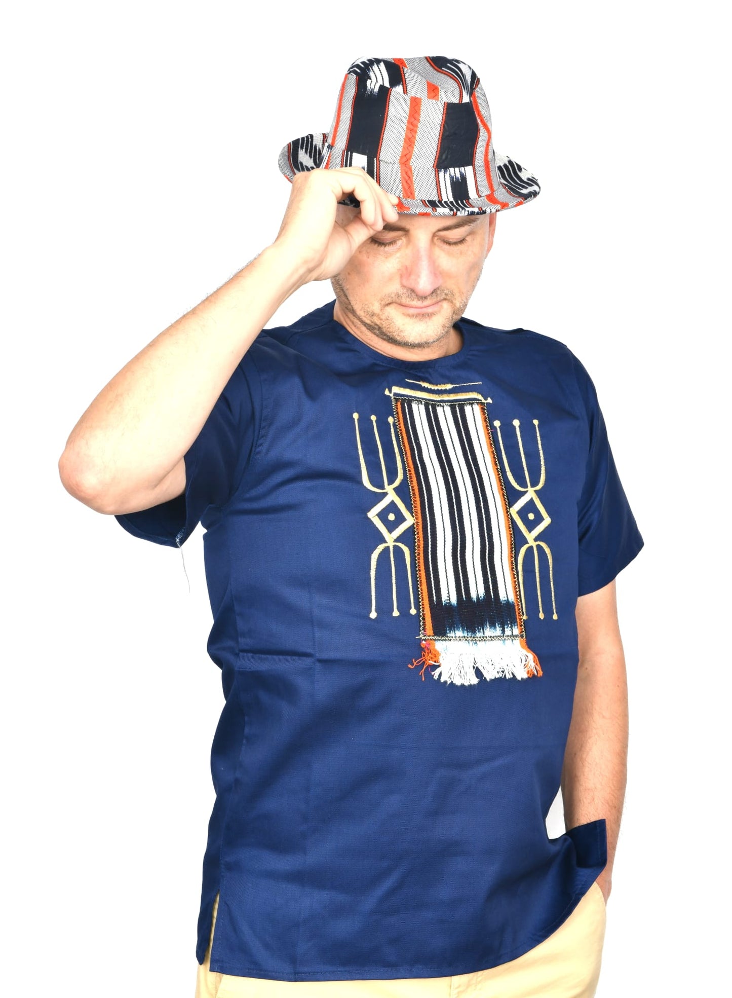 Akwaba Men's Shirts Short Sleeve Navy Blue w/ Fringe design