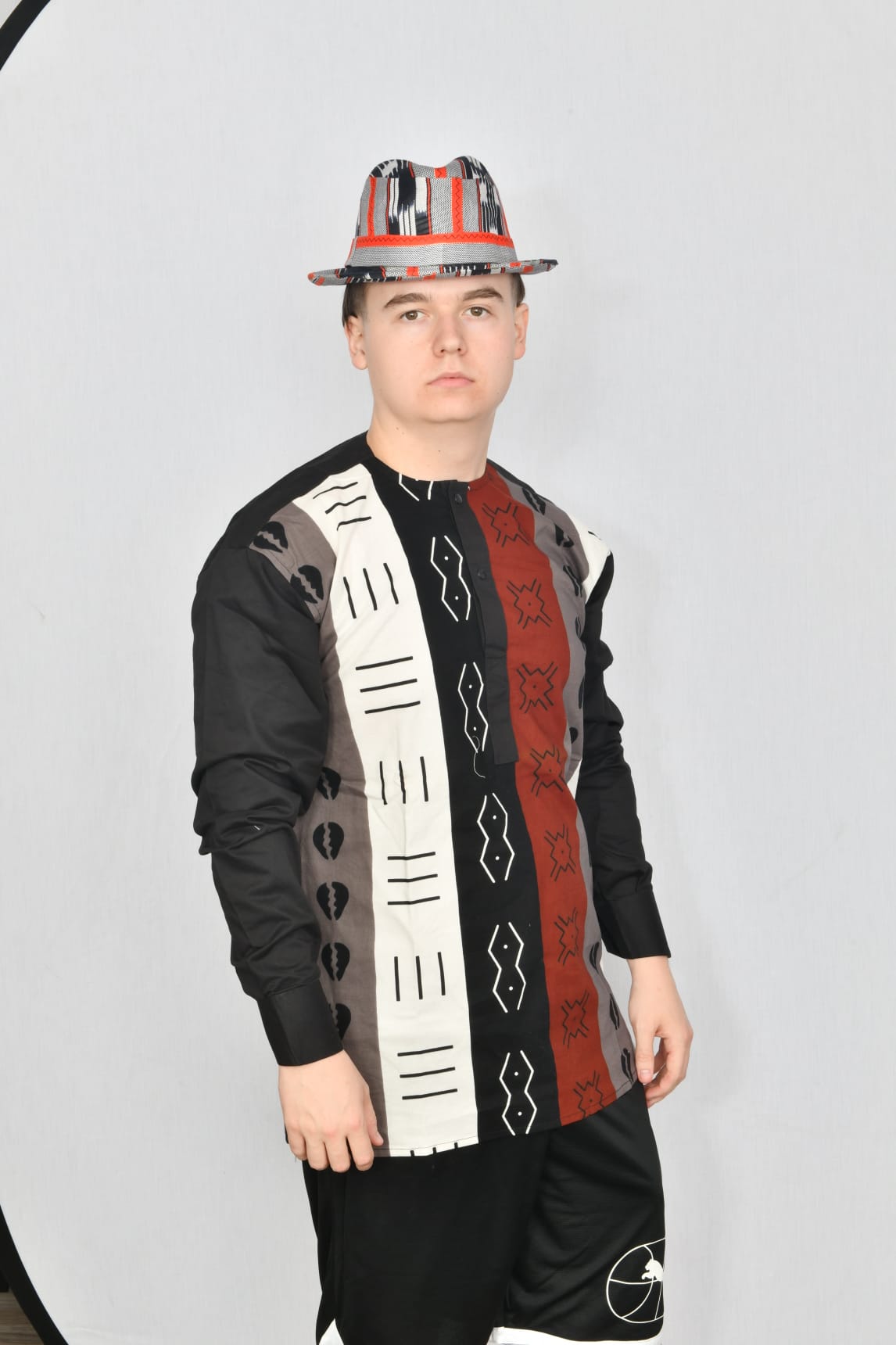 Akwaba Men's Shirts Long Sleeve Black w/ White Burgundy Stripe Design