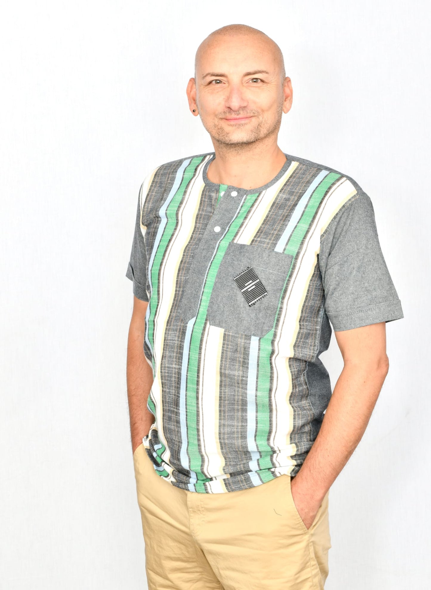 Akwaba Men's Shirts Short Sleeve Gray White Lime Green Stripe
