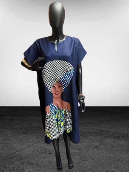 Beautiful Woman Face Dress w/ PocketsNavy Blue