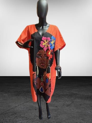 Beautiful Woman Face Dress w/ Pockets Orange