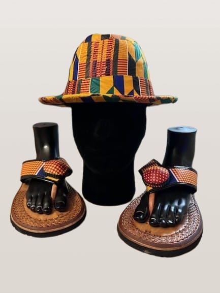 Men's Fedora Hat with Men's /Slipper Kente Orange Pattern