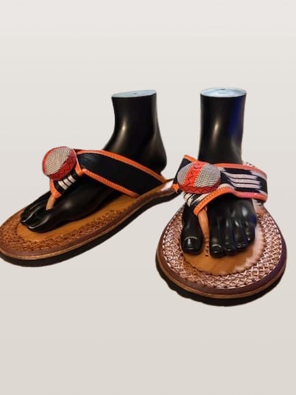 Men's Traditional Handmade Leather Sandals/Slippers Black Red Pattern