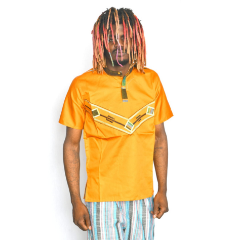 Akwaba Men's Shirts Short Sleeve Yellow with Aztec Green Design