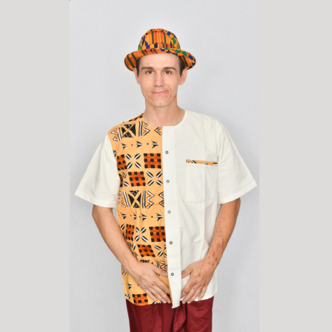 Akwaba Men's Shirts Short Sleeve Ivory with Yellow Orange Half Design