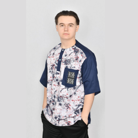 Akwaba Men's Shirts Short Sleeve Navy with Red and Blue Splatter on White