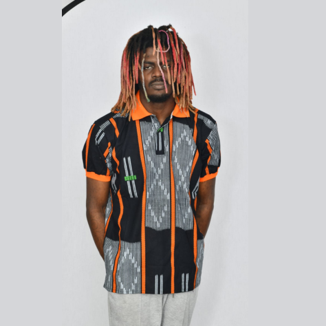 Akwaba Men's Shirts Short Sleeve Black Orange White w/ Collar
