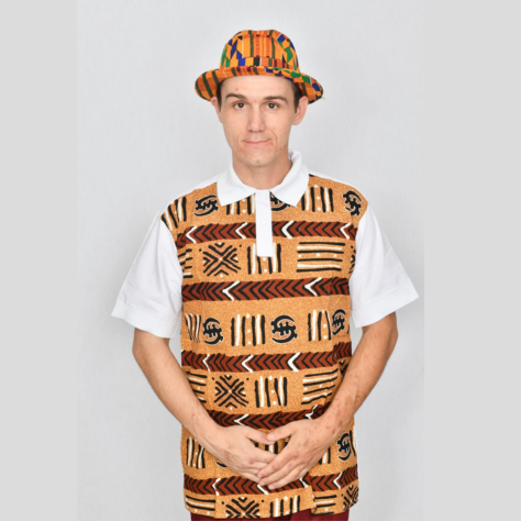 Akwaba Men's Shirts Short Sleeve White & Orange w/ Rust Black design