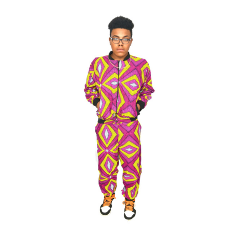 Akwaba Track Suits Pink Yellow Black Geo Pattern
