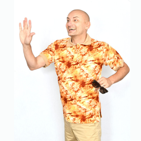Akwaba Men's Shirts Short Sleeve Rust Orange Yellow w/ Tan collar