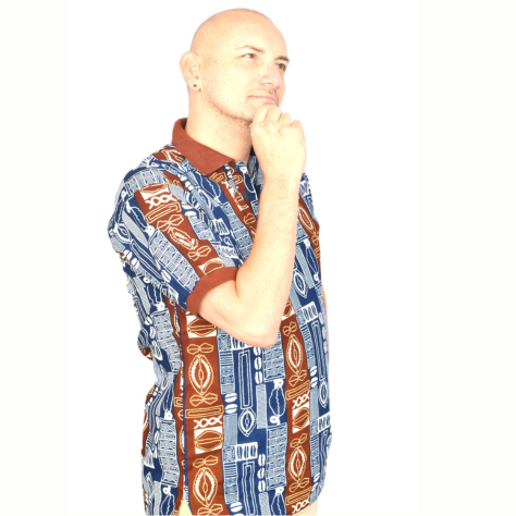 Akwaba Men's Shirts Short Sleeve Blue w/ Brown Stripe Aztec Design