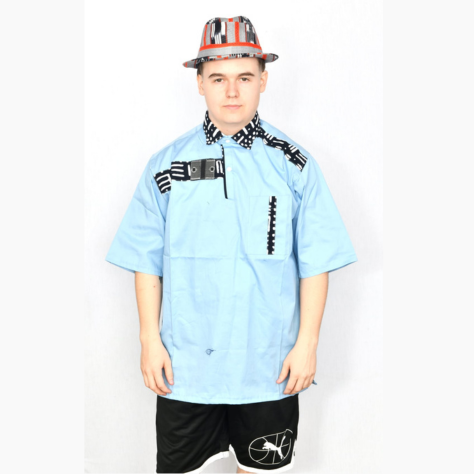 Akwaba Men's Shirts Short Sleeve Light Blue with Black White Pattern Collar