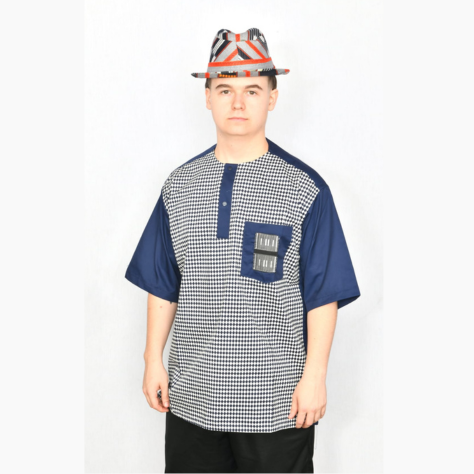 Akwaba Men's Shirts Short Sleeve Navy w/ Black & White Diamond design