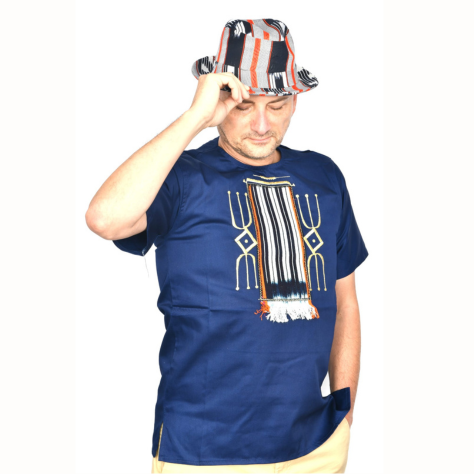 Akwaba Men's Shirts Short Sleeve Navy Blue w/ Fringe design