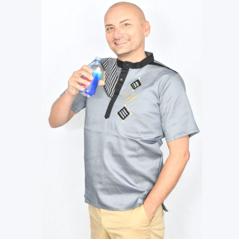 Akwaba Men's Shirts Short Sleeve Gray with Black Stripe