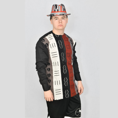 Akwaba Men's Shirts Long Sleeve Black w/ White Burgundy Stripe Design