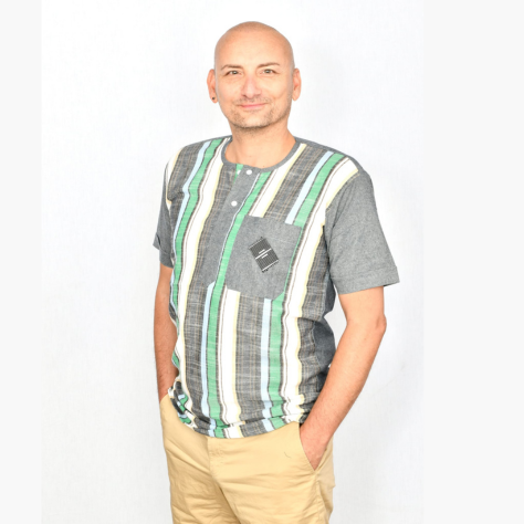 Akwaba Men's Shirts Short Sleeve Gray White Lime Green Stripe