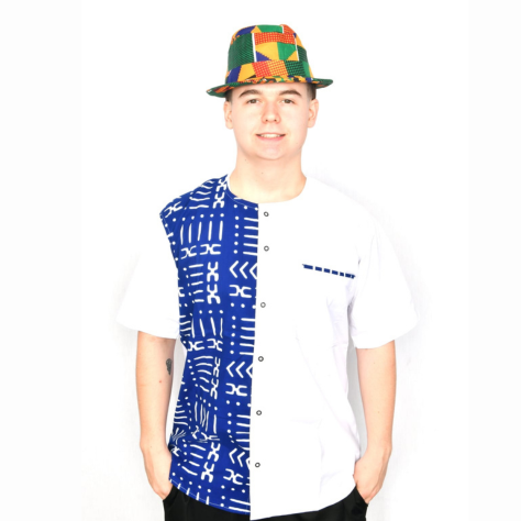 Akwaba Men's Shirts Short Sleeve White w/ half royal blue Design