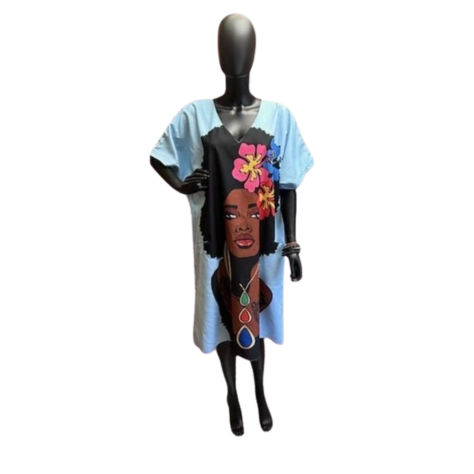 Beautiful Woman Face Dress w/ Pockets Light Blue