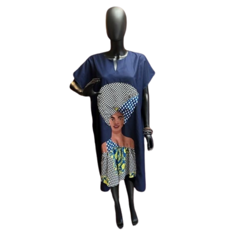 Beautiful Woman Face Dress w/ PocketsNavy Blue