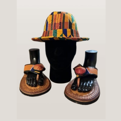 Men's Fedora Hat with Men's /Slipper Kente Orange Pattern