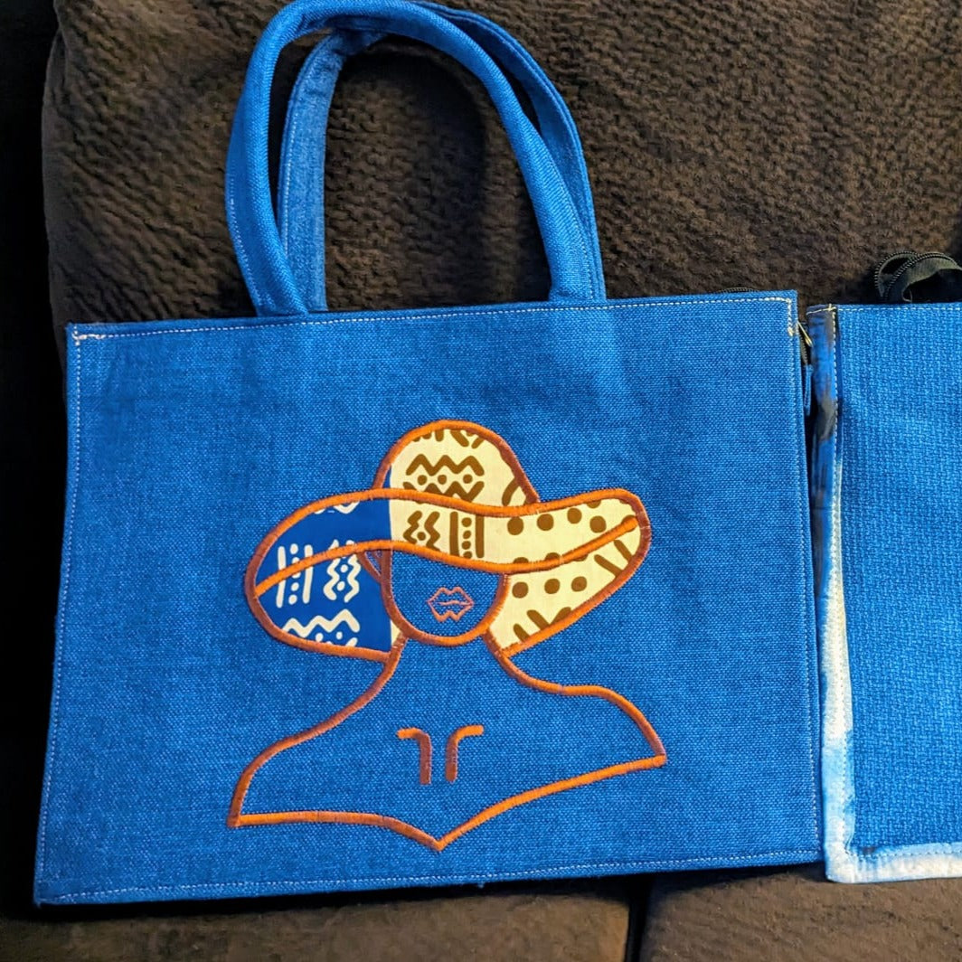 Blue canvas with women face Bag with Handles