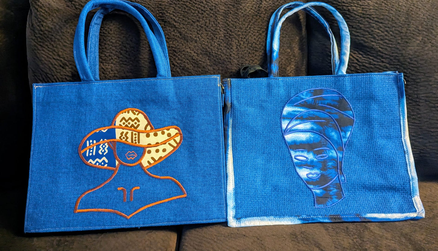 Blue canvas with women face Bag with Handles