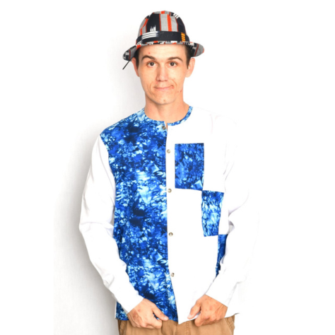 Akwaba Men's Shirts Long Sleeve White with Blue Pattern
