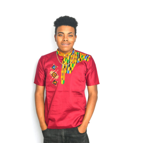 Akwaba Men's Shirts Short Sleeve  Red with  Green Yellow Aztec Design