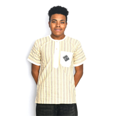 Akwaba Men's Shirts Short Sleeve White Yellow with Orange Stripes