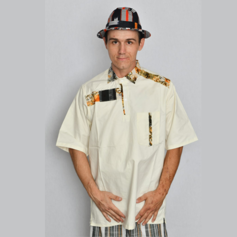 Akwaba Men's Shirts Short Sleeve Ivory with floral collar & design